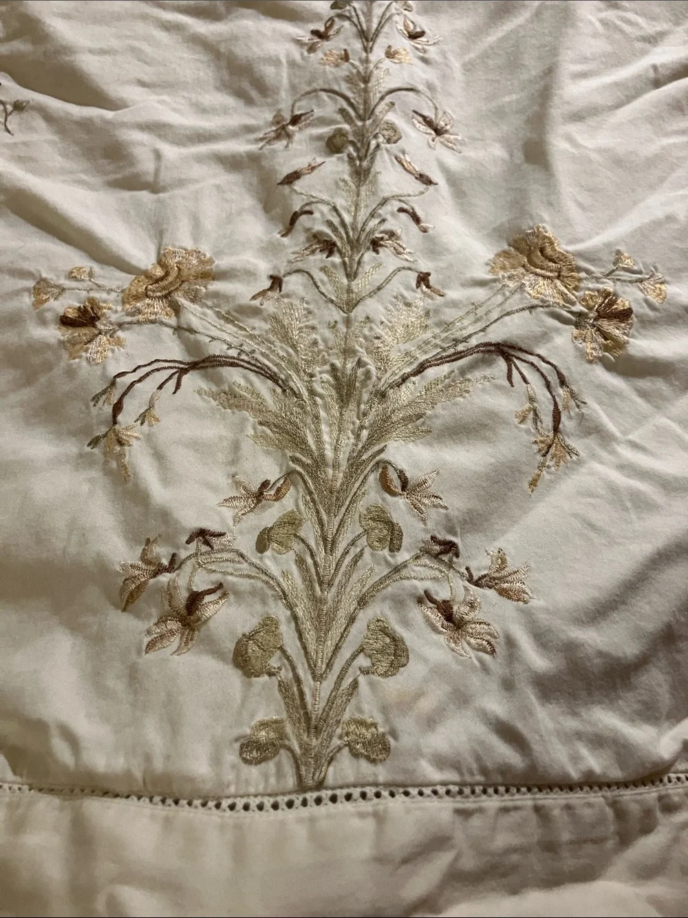 Machine embroidered neutral floral king size pillow case 100% cotton cottagecore